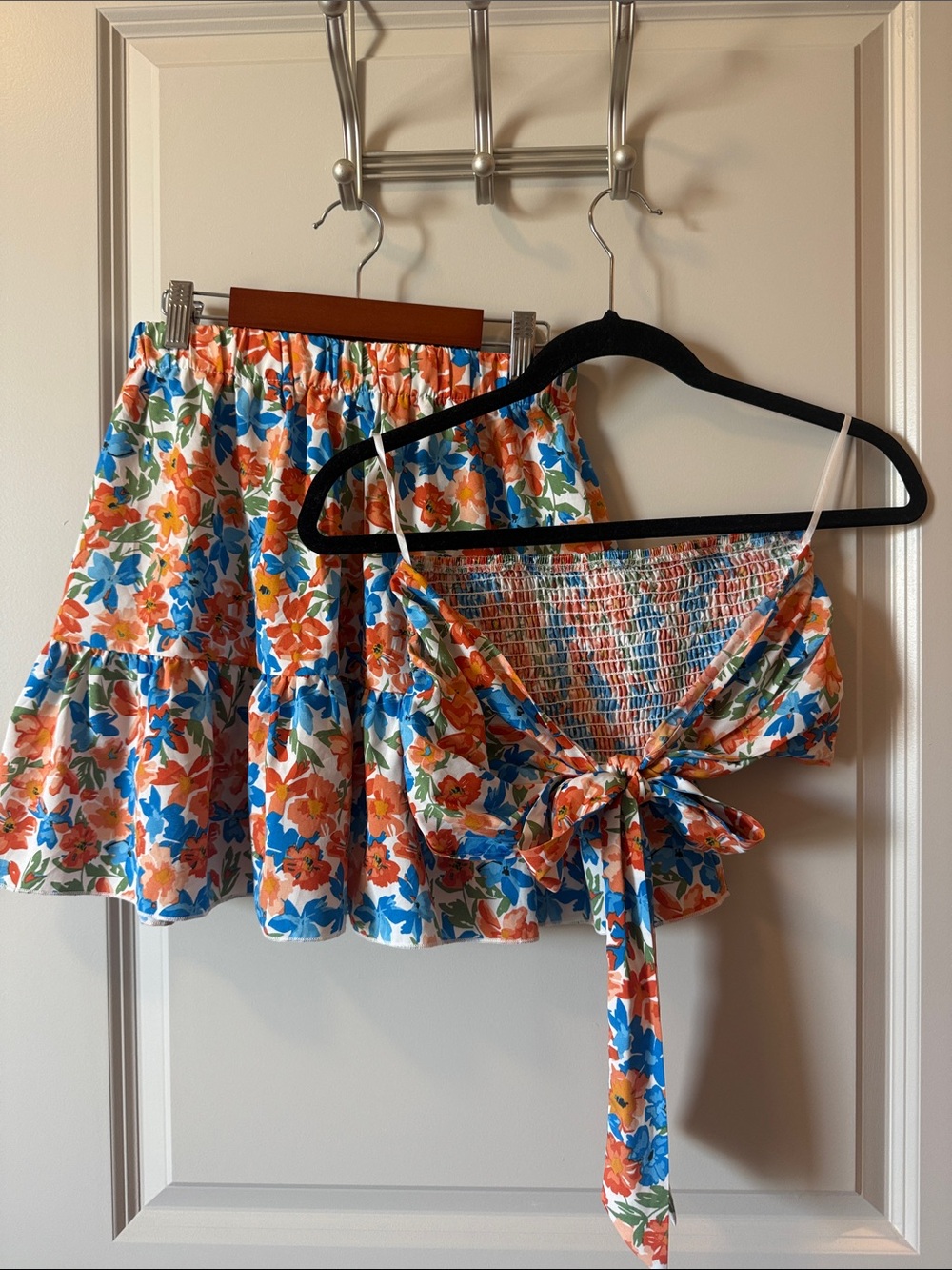 Floral Two-Piece Skirt & Tie-Front (Strapless) Top - Blue, Orange, Green